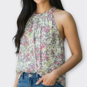 LOFT Women Blouse Sleeveless Lined Soft Floral Airy Feminine Career Pink Green L